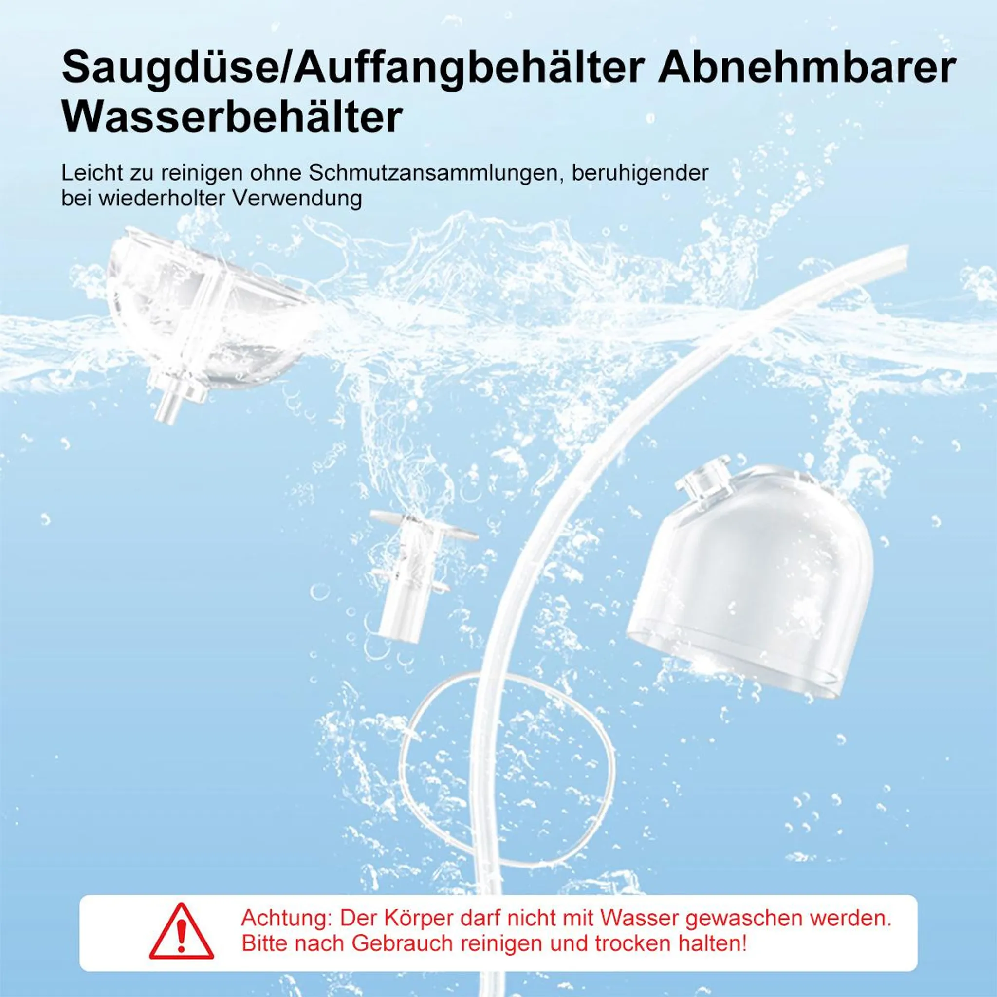 Transparente Behälterteile und ein Schlauch werden unter Wasser gereinigt.