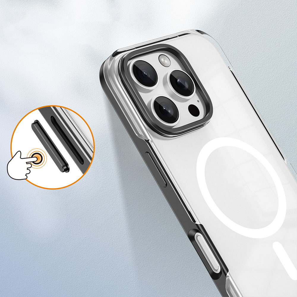 Mıknatıslı halkalı ve düğmelere odaklanan şeffaf telefon kılıfı.