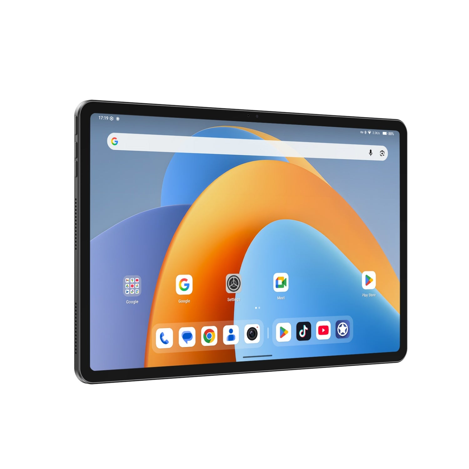 Una tableta que muestra un fondo de pantalla colorido e íconos de aplicaciones.
