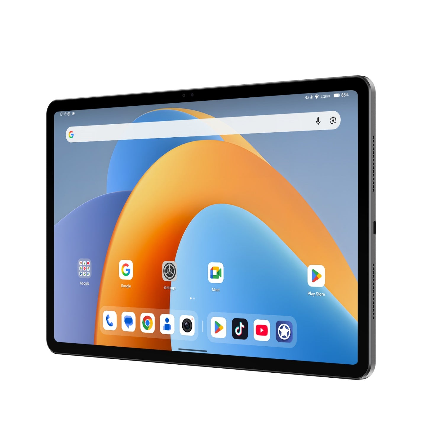 Una tableta muestra un fondo de pantalla abstracto y colorido con iconos de aplicaciones y una barra de búsqueda de Google.
