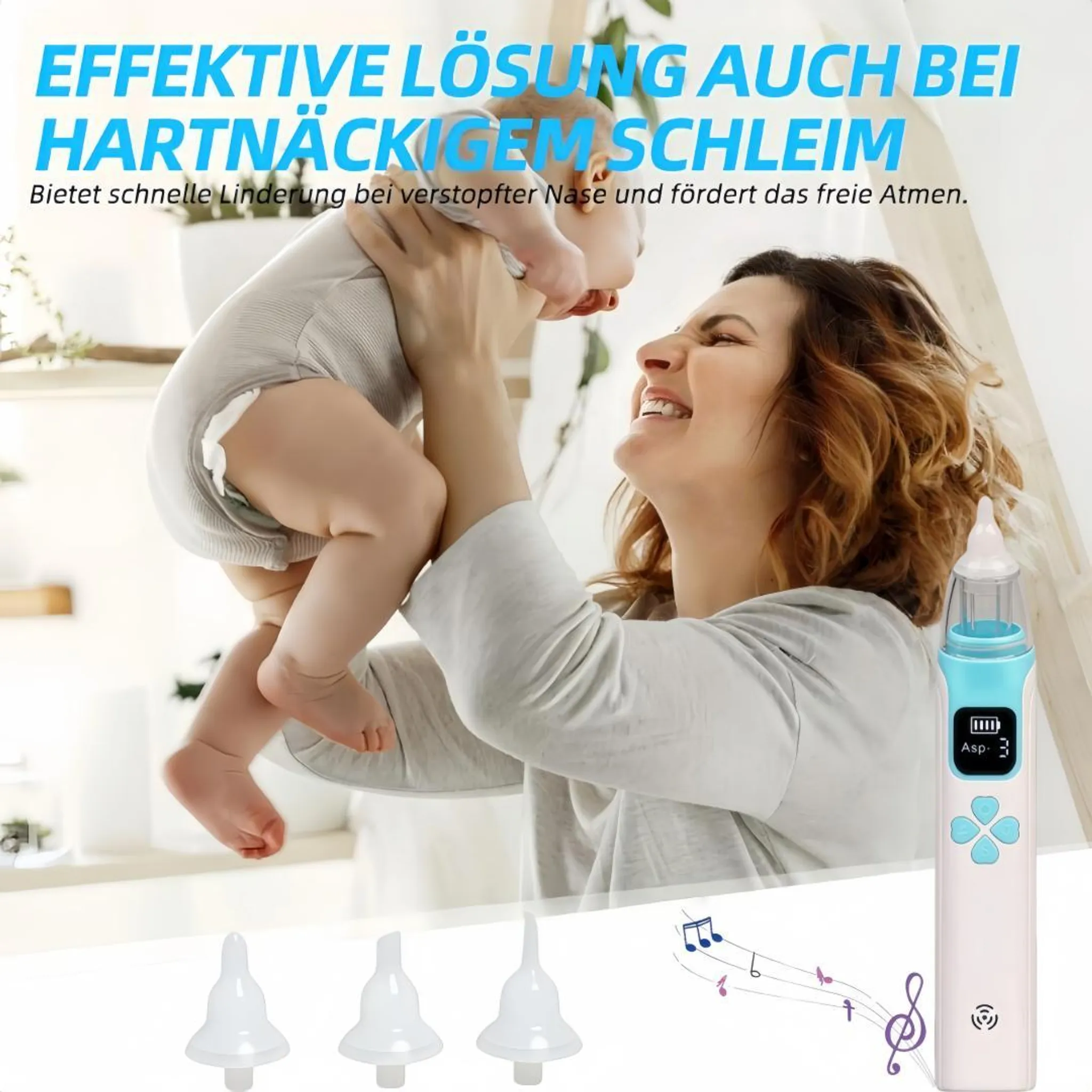 Eine Frau hält ein Baby, ein Nasensauger und Zubehör sind zu sehen.