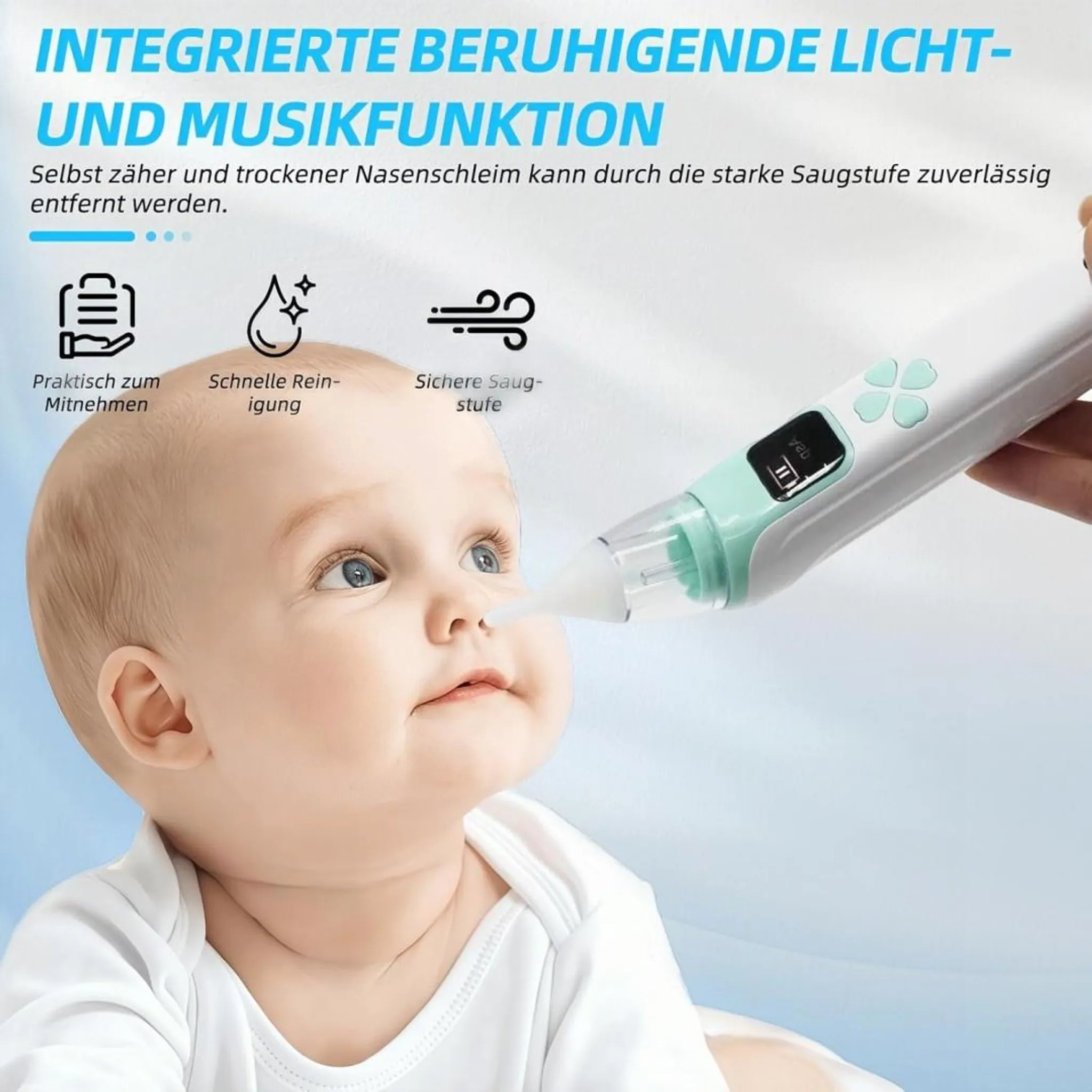 Ein Baby mit einem Nasensauger in der Nähe der Nase. Integrierte Funktionen.