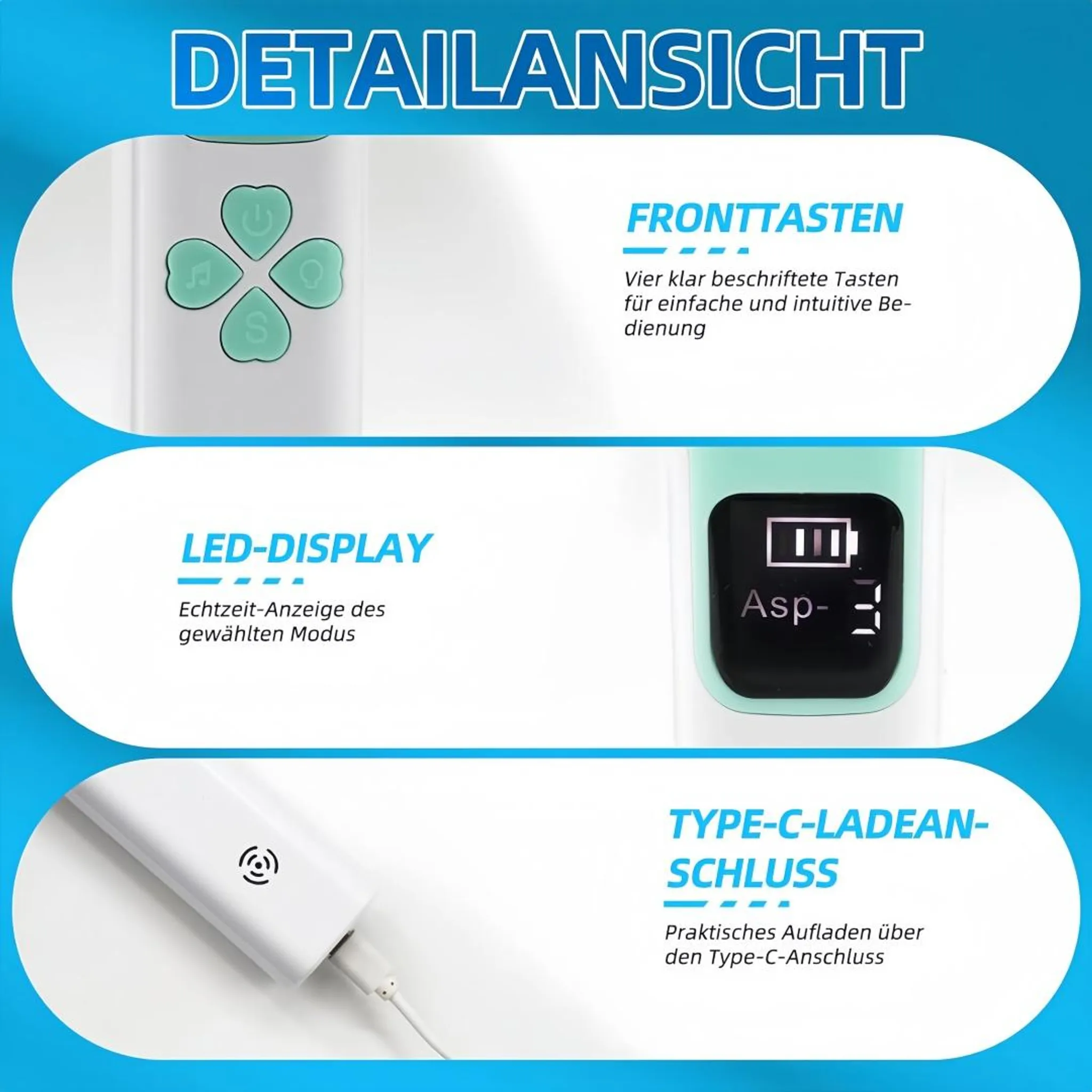 Detailansicht: Tasten, LED-Display und USB-C-Anschluss eines Geräts.