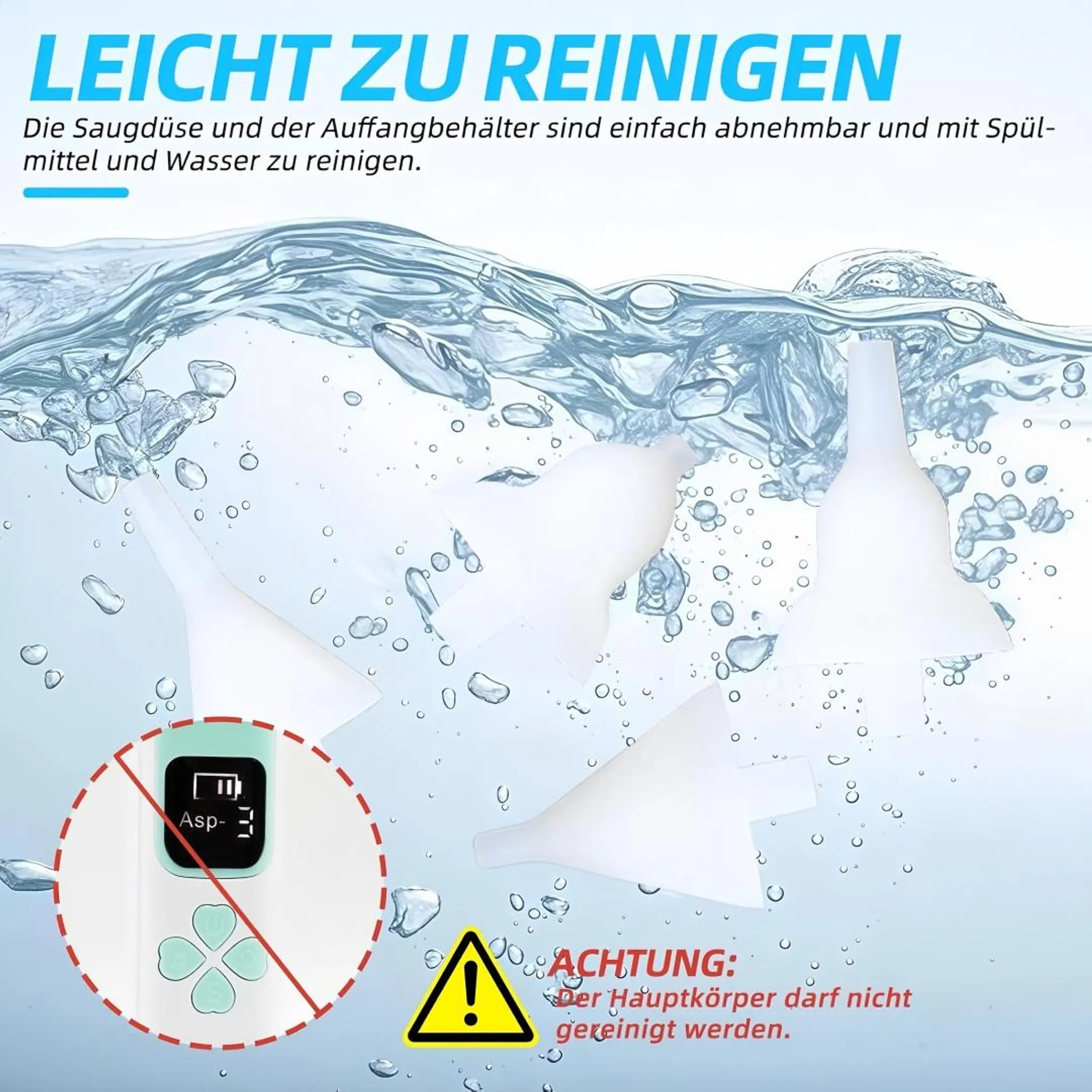 Weiße Pumpenteile werden in Wasser gewaschen, mit Warnhinweisen.
