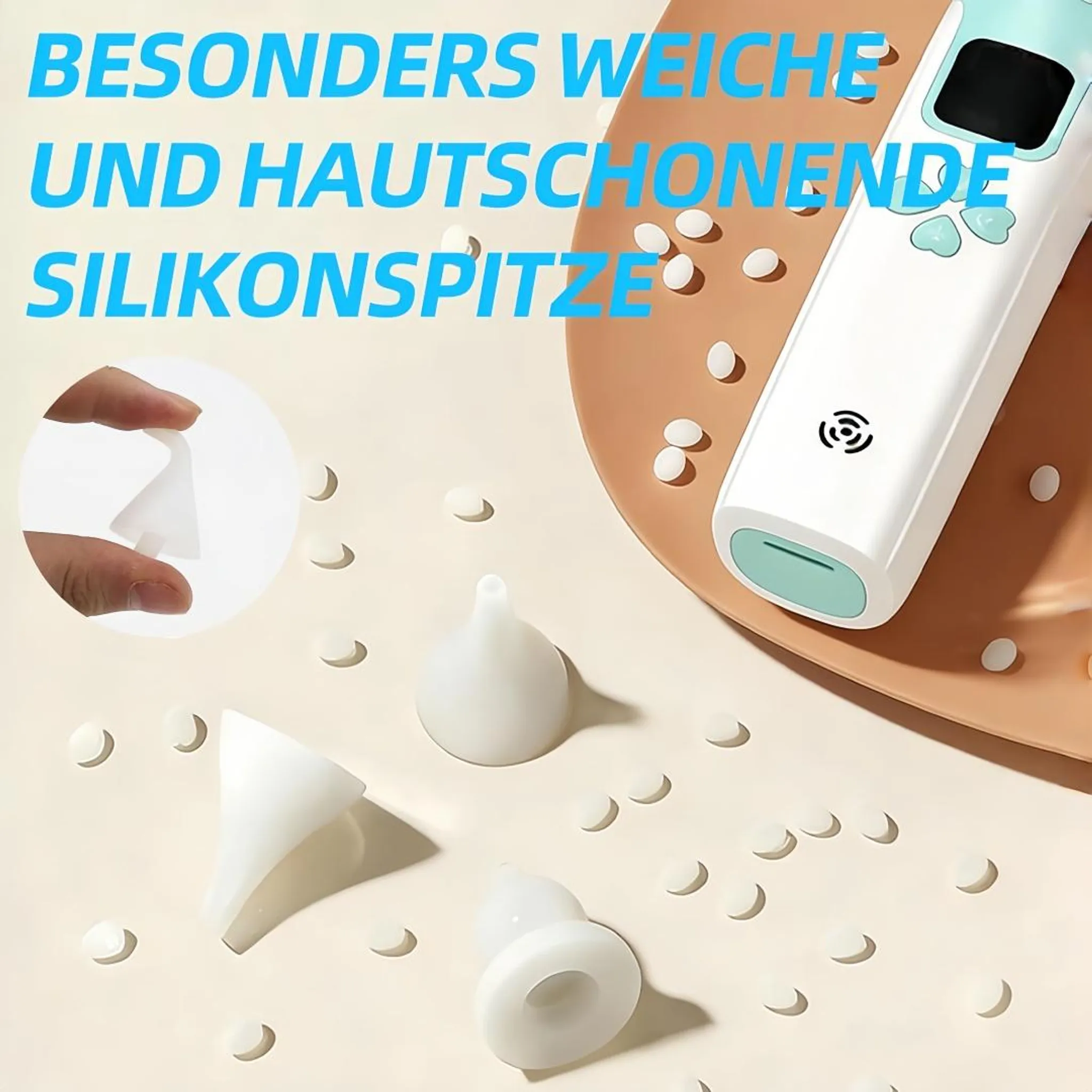 Ein weißes Thermometer mit blauen Akzenten, Silikonaufsätzen und Pillen.