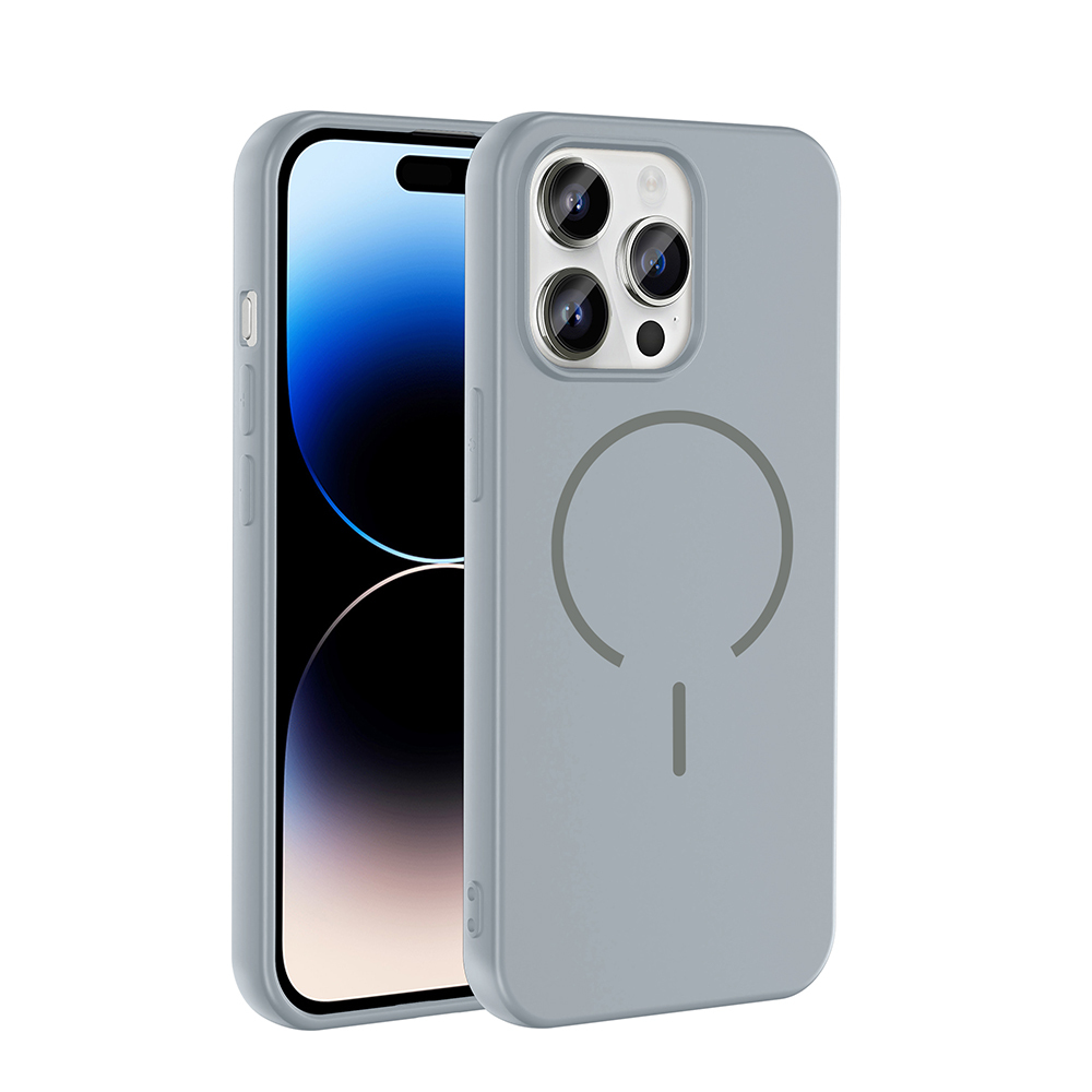 Daire ve çizgi desenli gri telefon kılıfı, yanında bir akıllı telefon.