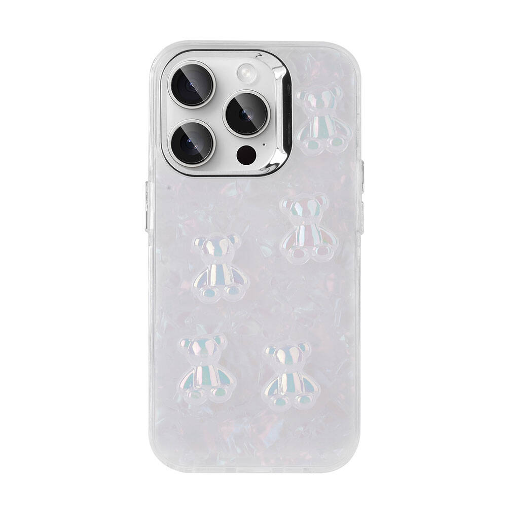 Beyaz ayıcık desenli şeffaf telefon kılıfı ve iPhone kamerası.