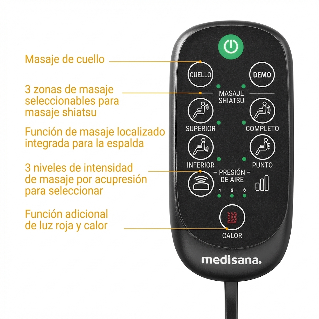 Mando de masaje Medisana negro con botones para cuello, demo, shiatsu y calor.