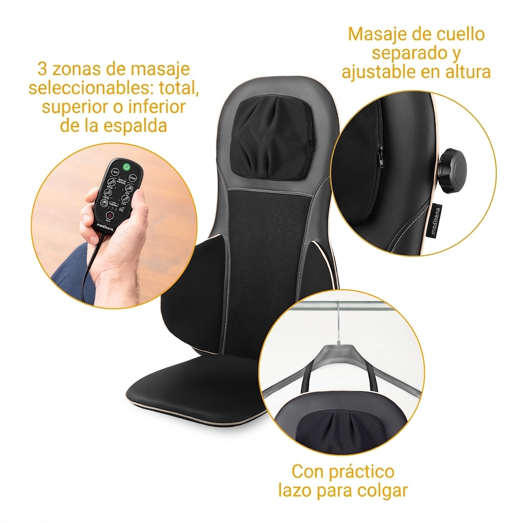Sillón de masaje negro con mando a distancia, cuello ajustable y asa para colgar.