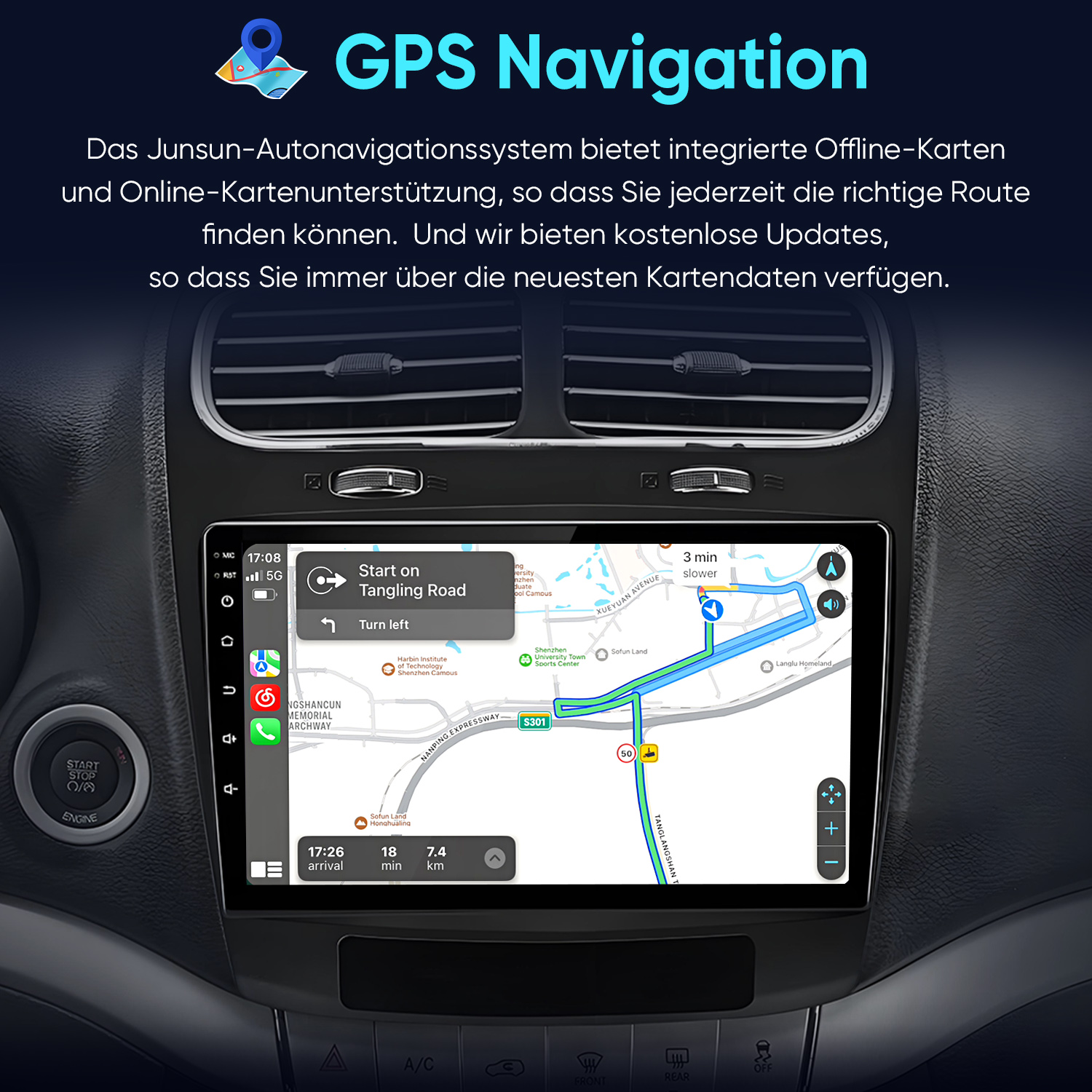 Ein Auto-Navigationssystem zeigt eine Karte mit einer Route. Oben ist der Text 'GPS Navigation'.