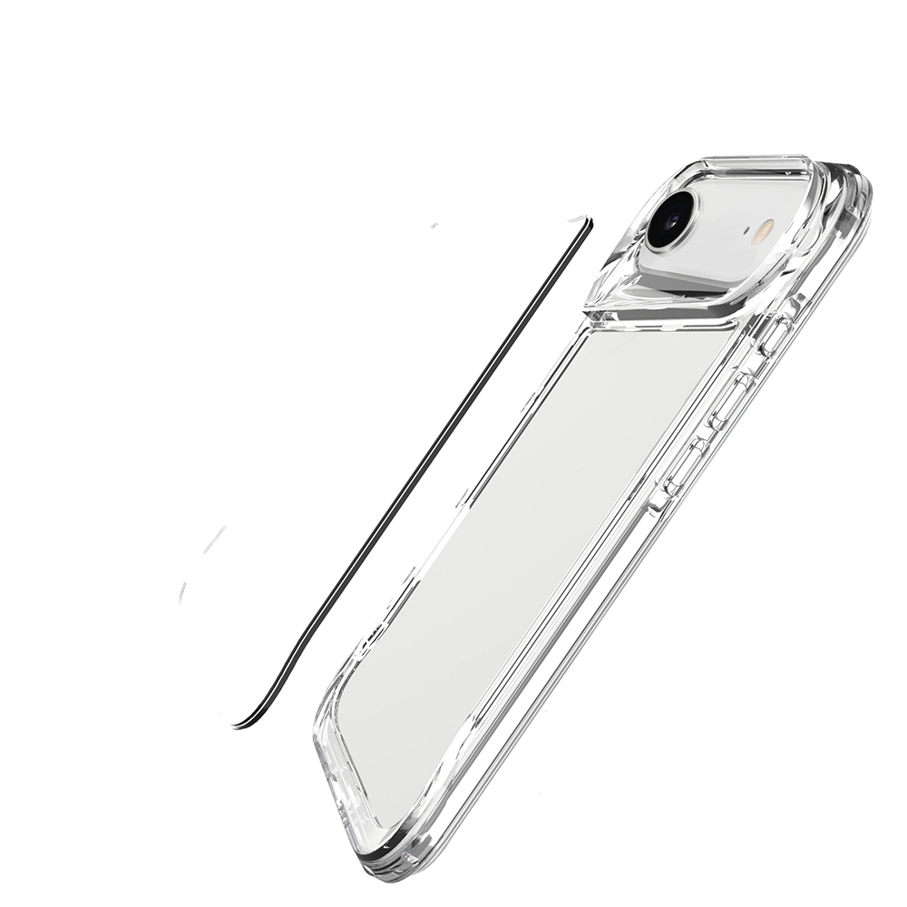 Üstte kamera açıklığı olan şeffaf bir iPhone kılıfı.