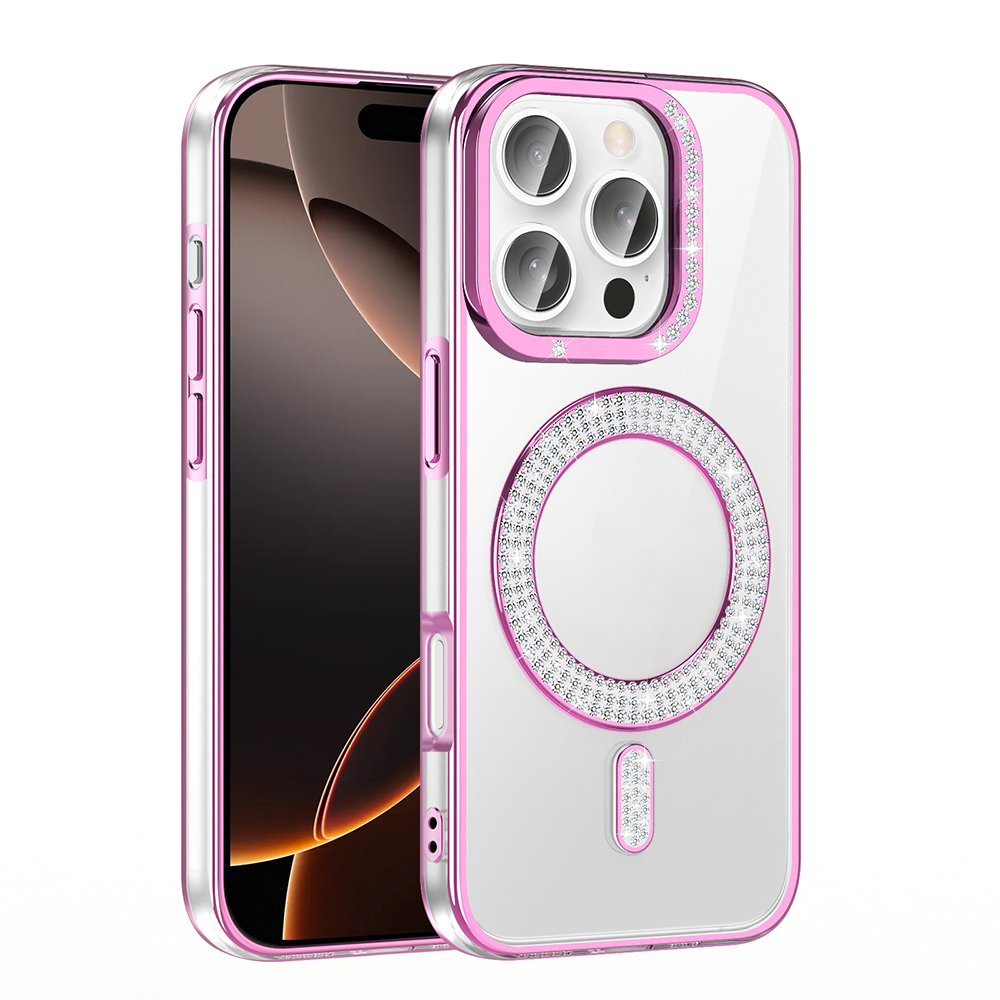 Beyaz arka plan üzerinde taşlı pembe ve şeffaf telefon kılıfı.