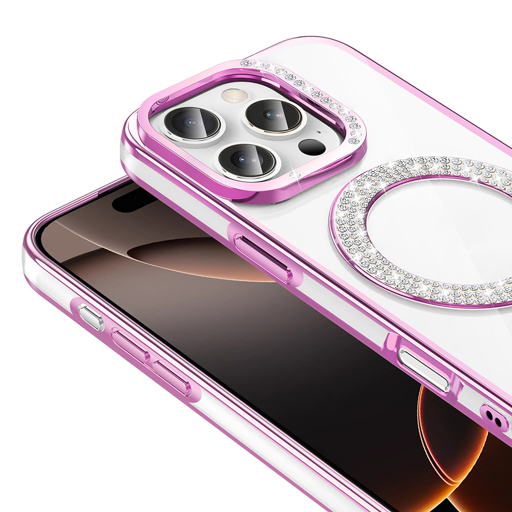 Kamera ve halka tutucusu çevresinde pembe kenarlı ve taşlı şeffaf telefon kılıfı.