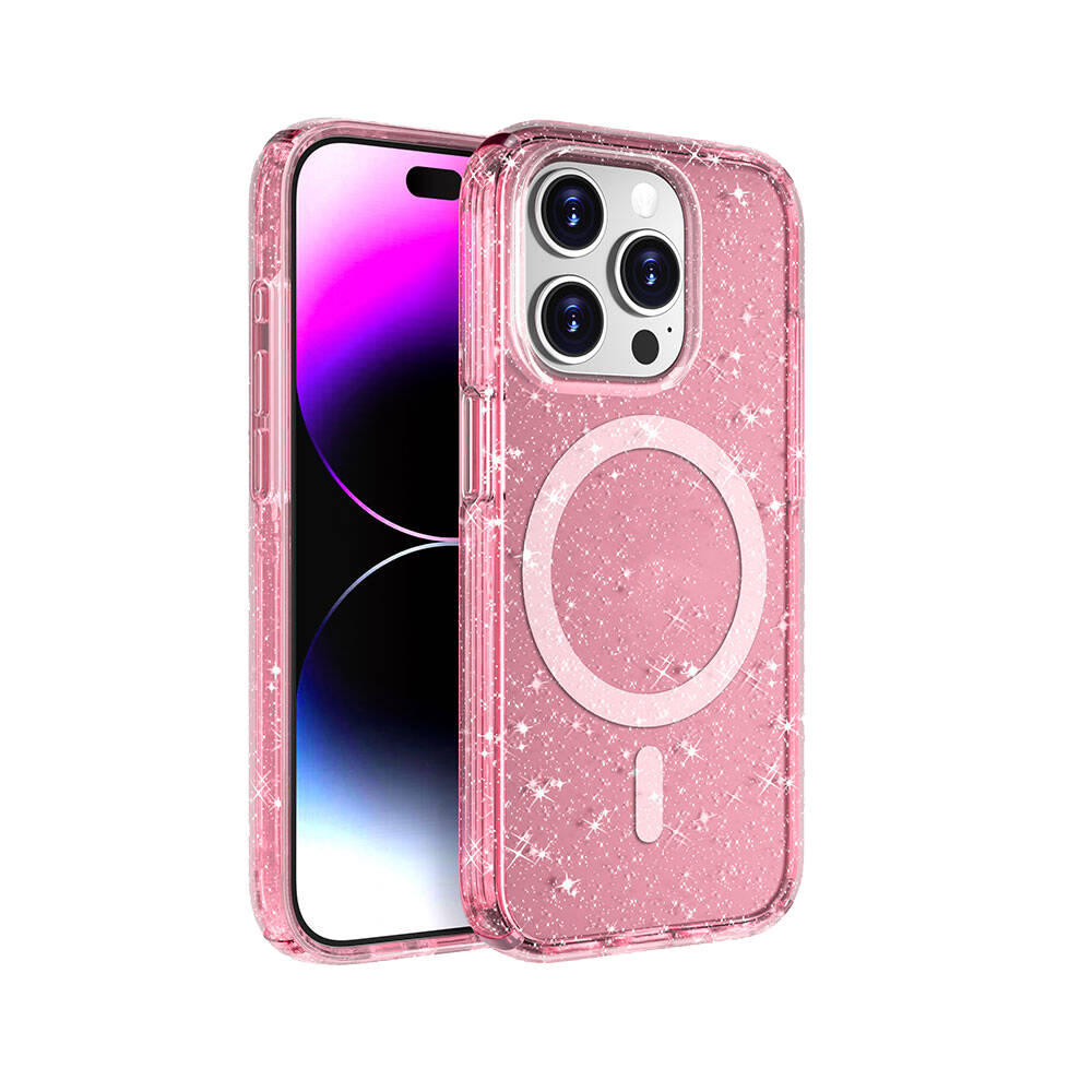 Beyaz arka plan üzerinde manyetik halkalı pembe simli telefon kılıfı.