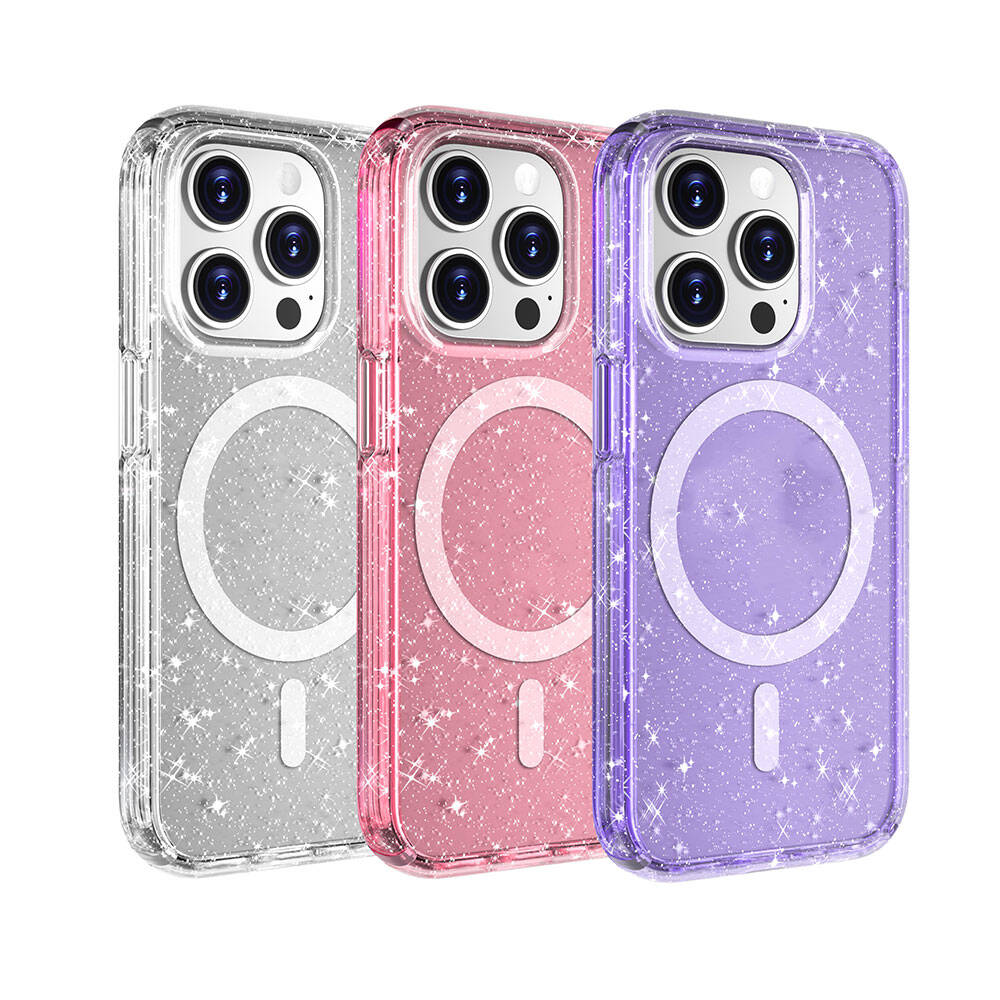 Üç simli iPhone kılıfı: gümüş, pembe ve mor, kameralı ve manyetik halkalı.