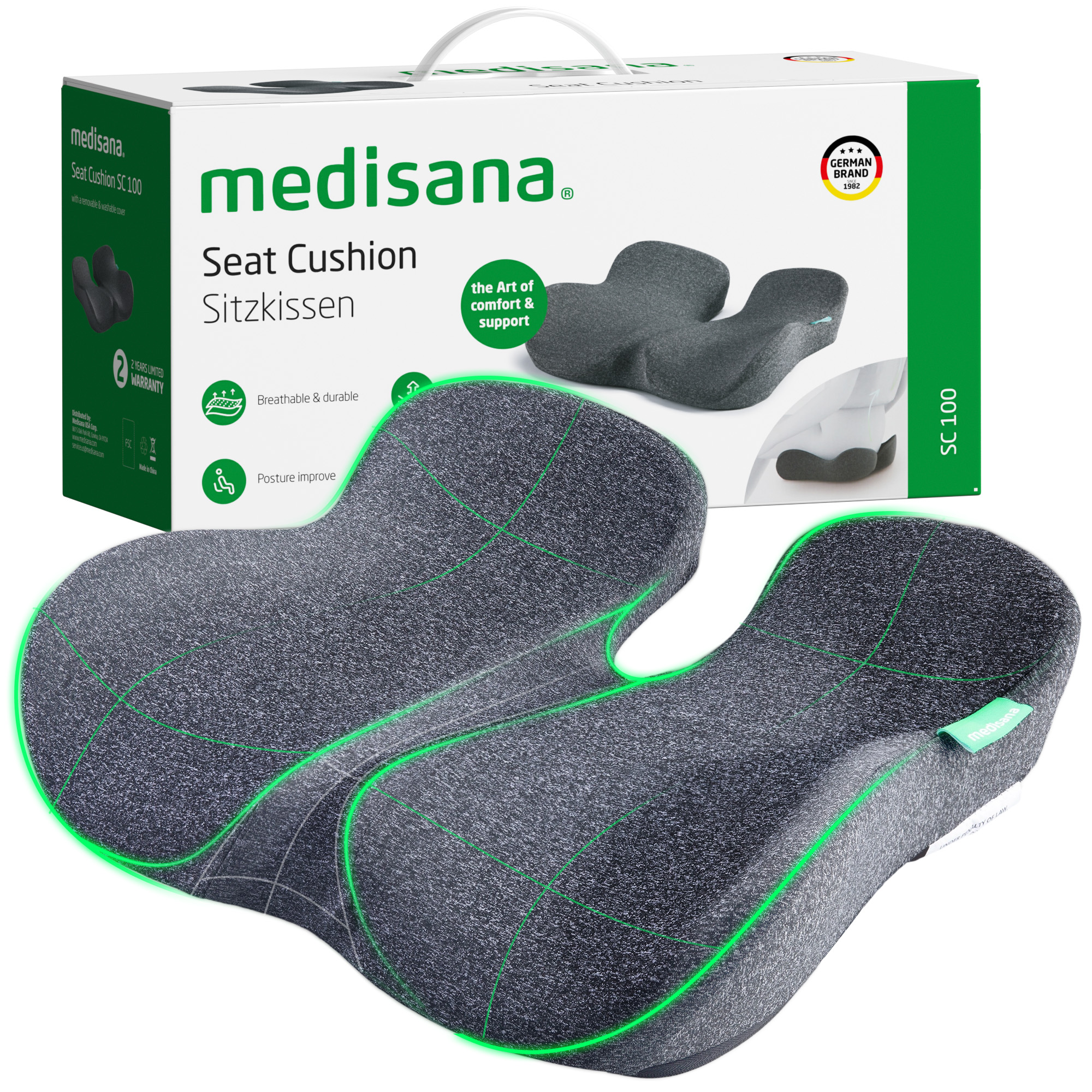 A gray medisana seat cushion with green trim and packaging.
