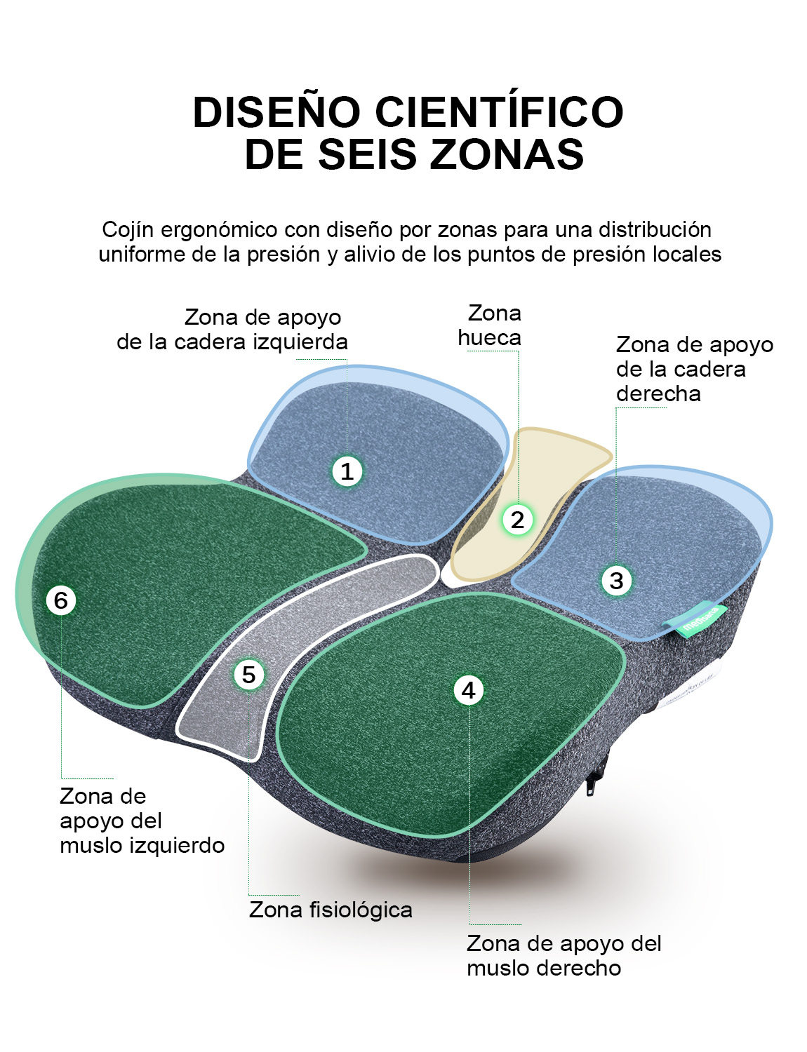 Ergonomic cushion with 6 zones: left hip, lumbar, right hip, left thigh, physiological, right thigh.