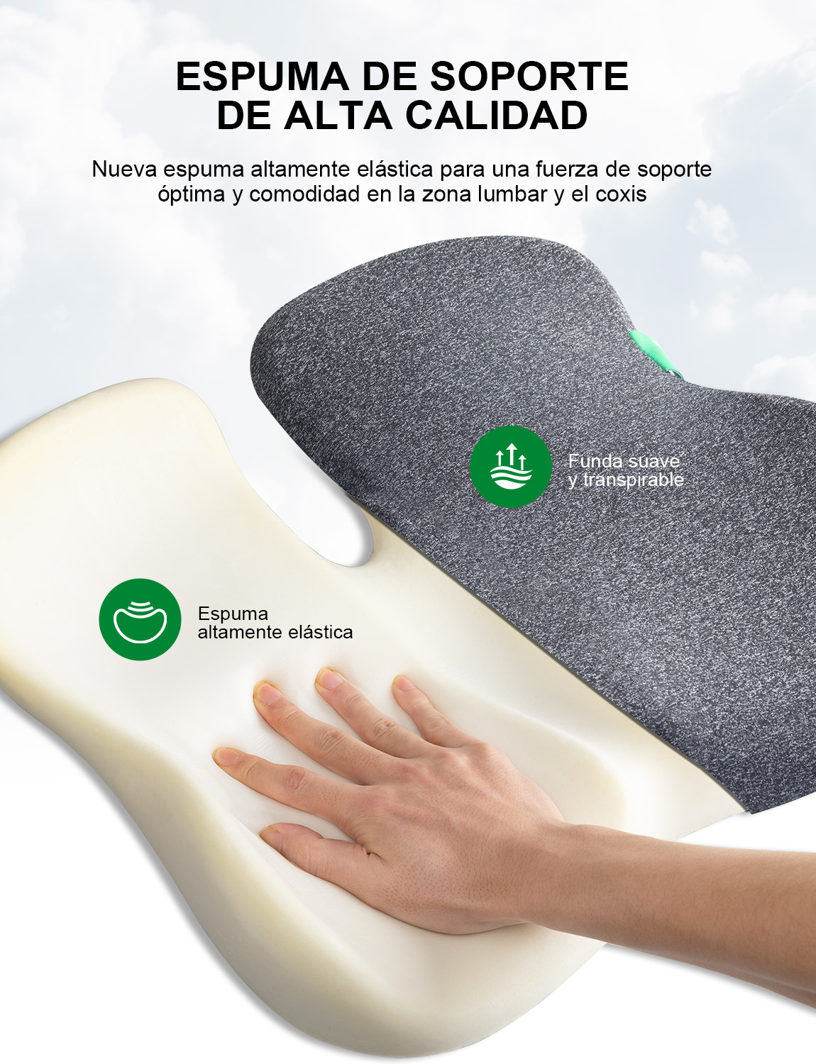 Hand presses on a light yellow cushion with a gray cover. High-quality foam.
