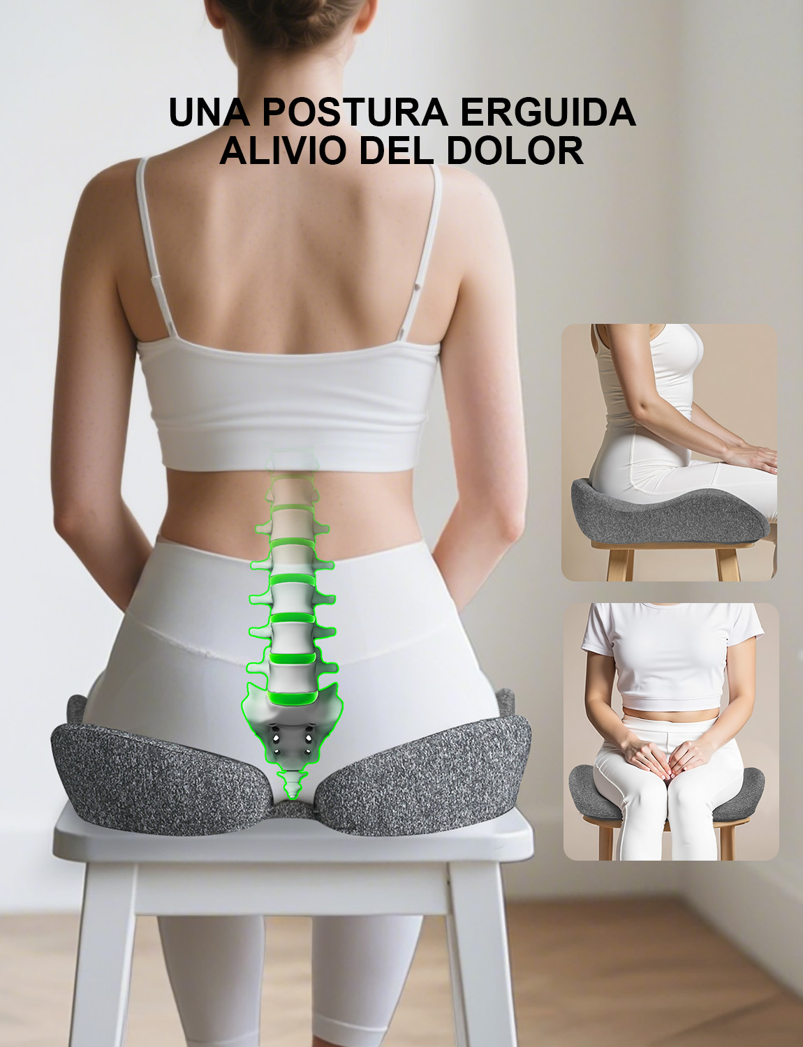 Woman sitting on a cushion, with spine highlighted.