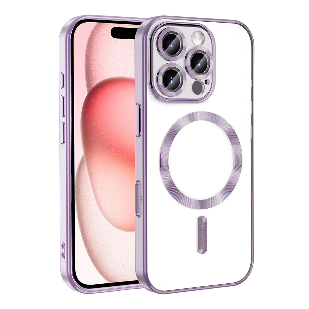 Şeffaf arkalı ve MagSafe halkalı mor iPhone kılıfı.