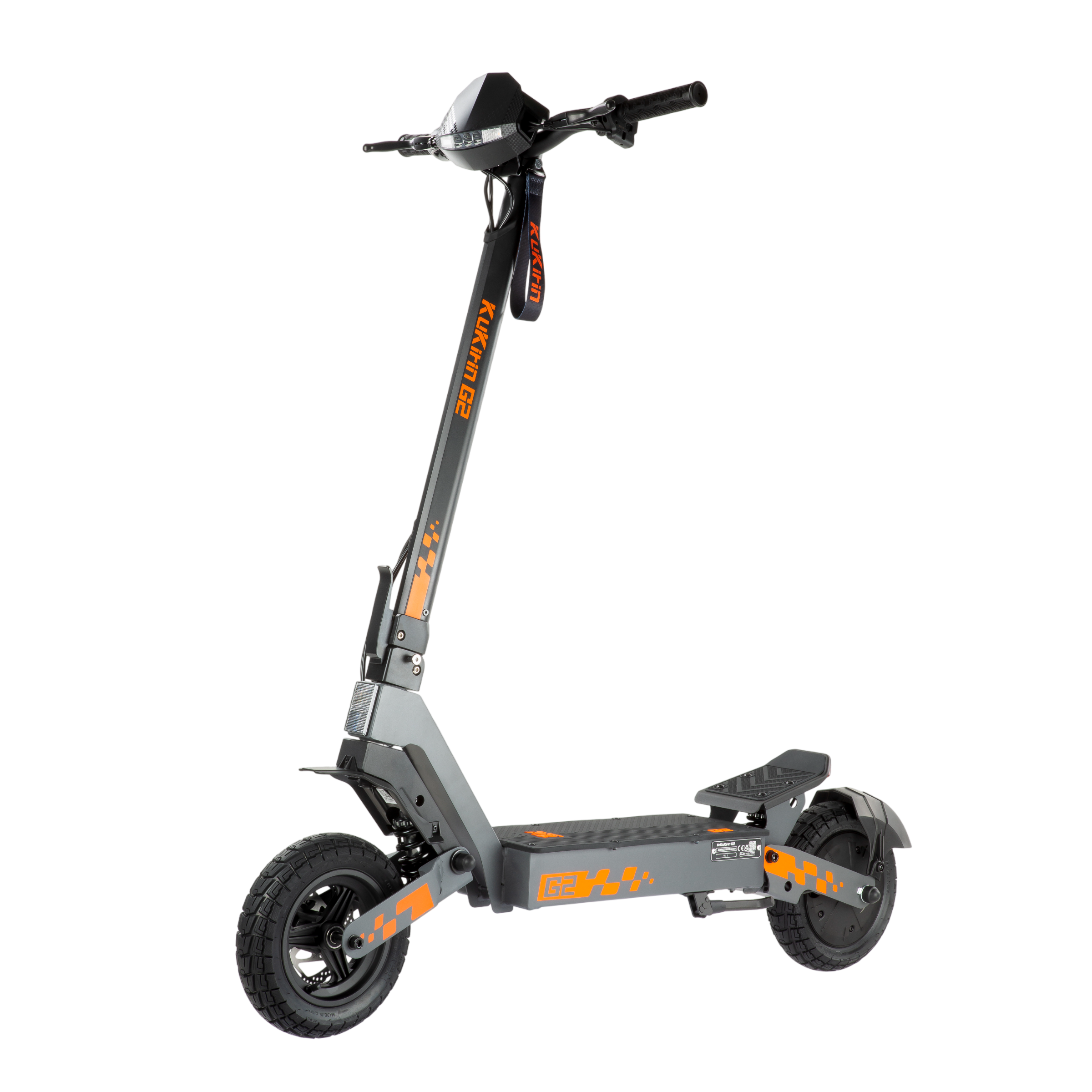 Ein grauer Elektroroller mit orangefarbenen Akzenten steht vor schwarzem Hintergrund.
