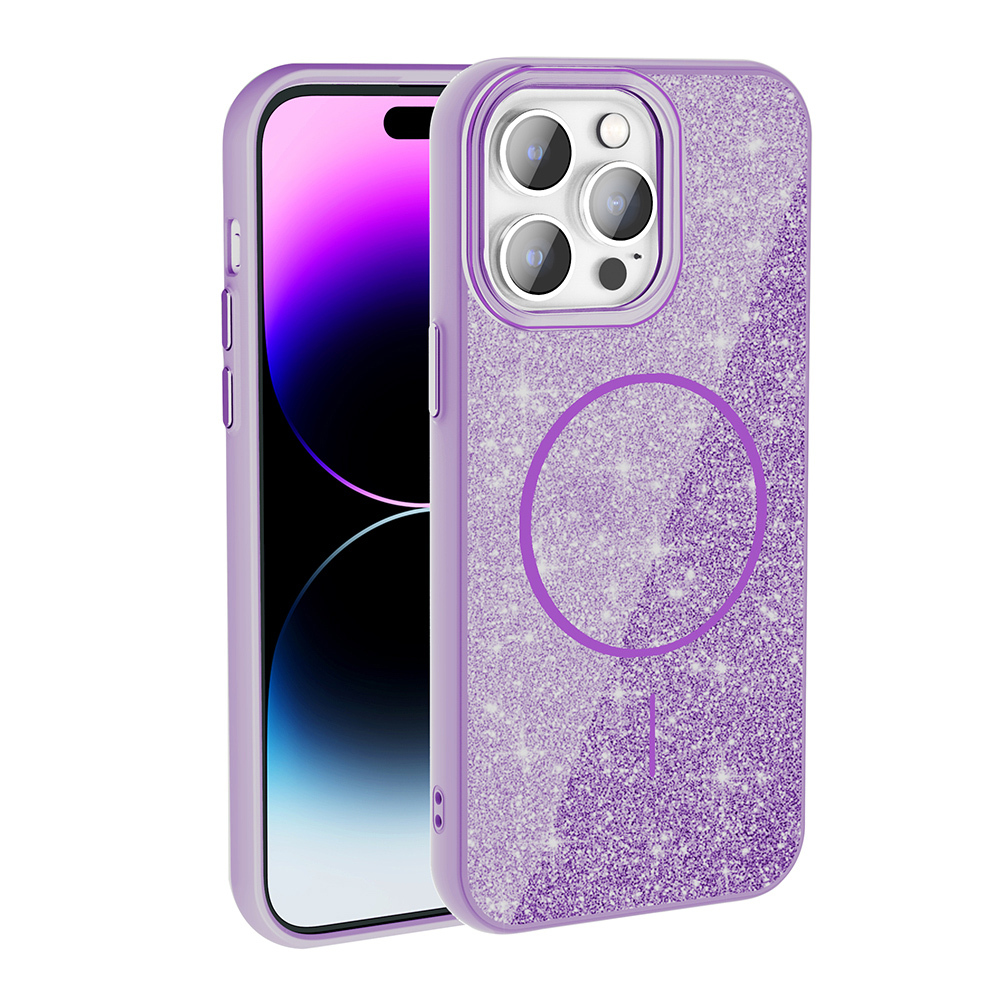 iPhone için mor simli manyetik halkalı telefon kılıfı.