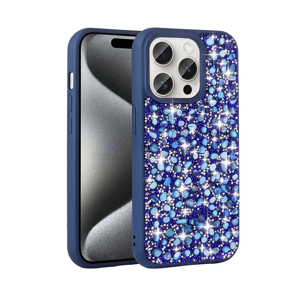 Mavi taşlı ve simli koyu mavi telefon kılıfı.