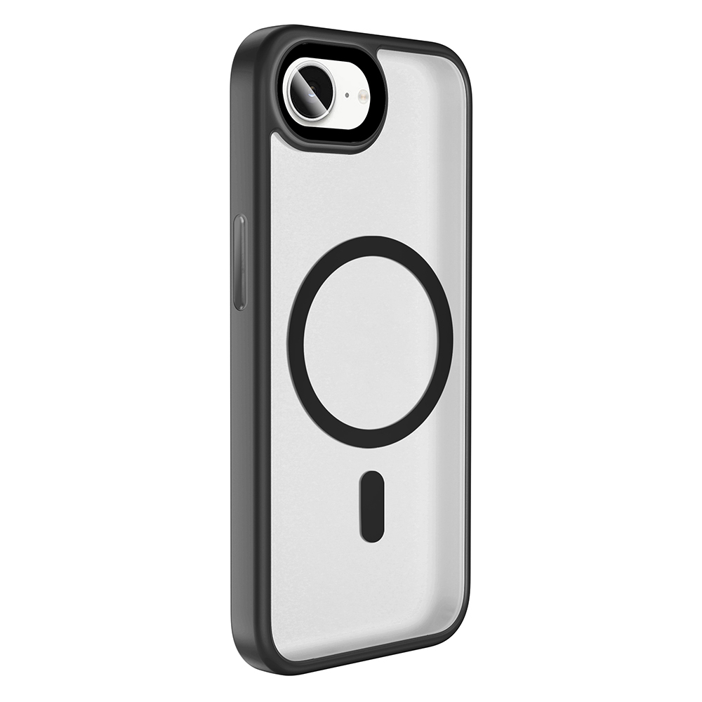 Şeffaf arkalı ve manyetik halkalı siyah çerçeveli iPhone kılıfı.