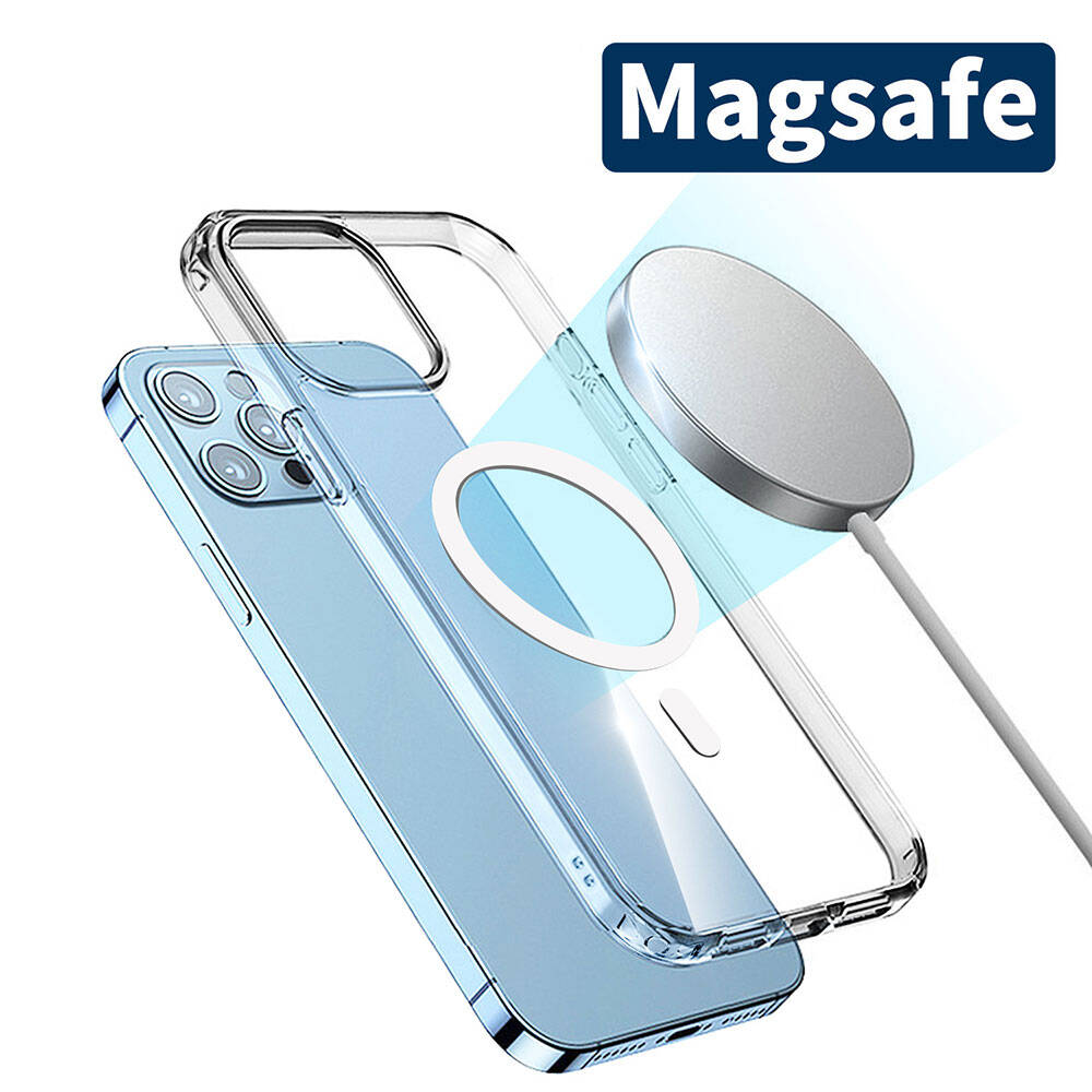 MagSafe şarj cihazlı ve mavi telefonlu şeffaf telefon kılıfı