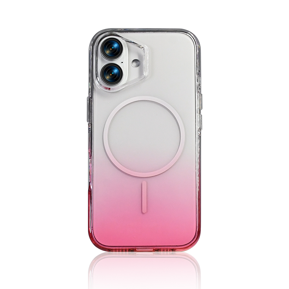 Pembe degrade ve MagSafe halkalı şeffaf telefon kılıfı.