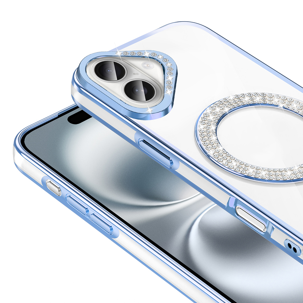 Kamera ve halkada taş süslemeli, mavi kenarlı şeffaf telefon kılıfı.