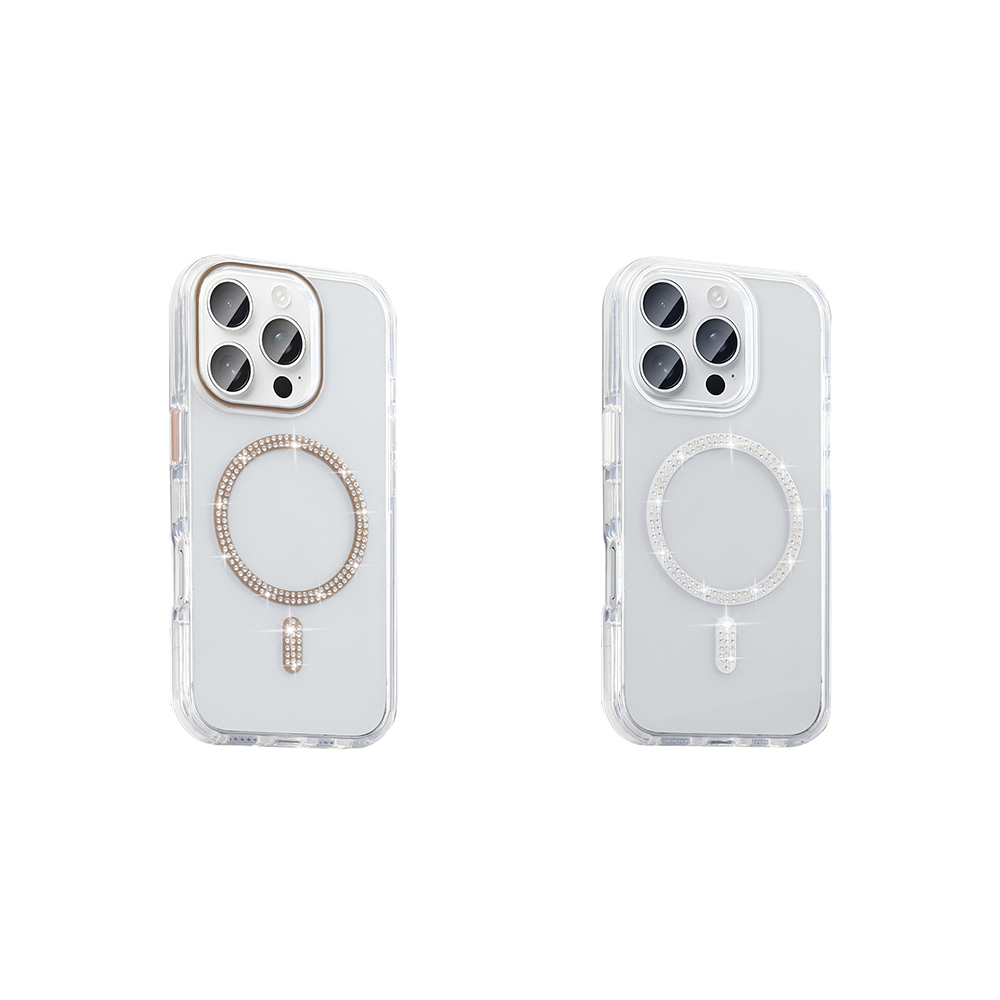 Beyaz arka plan üzerinde parlak halkalı ve kamera kesimli iki iPhone kılıfı.
