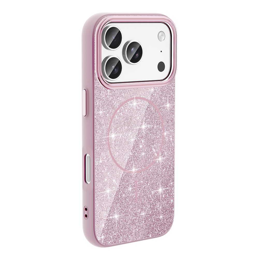 Kamera çıkıntısı ve dairesel manyetik halka bulunan pembe simli telefon kılıfı.
