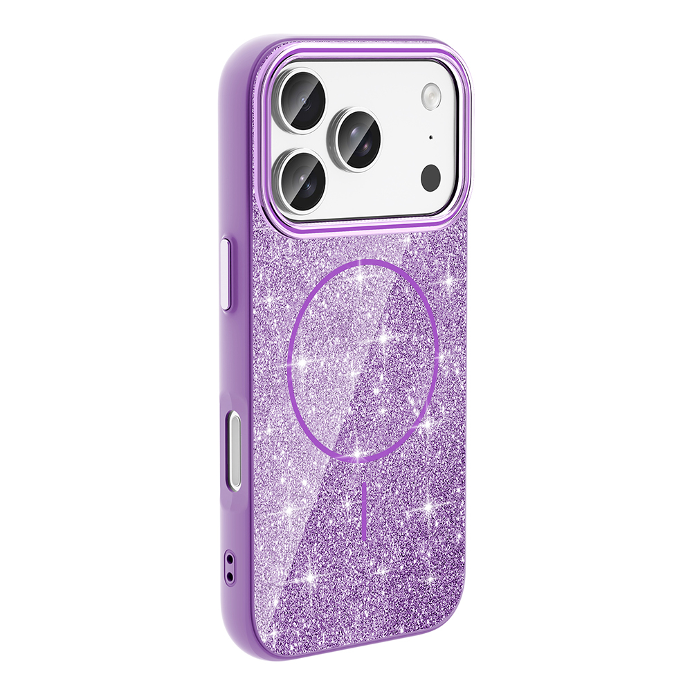 Mor simli iPhone kılıfı, kamera yuvası ve manyetik halkalı.