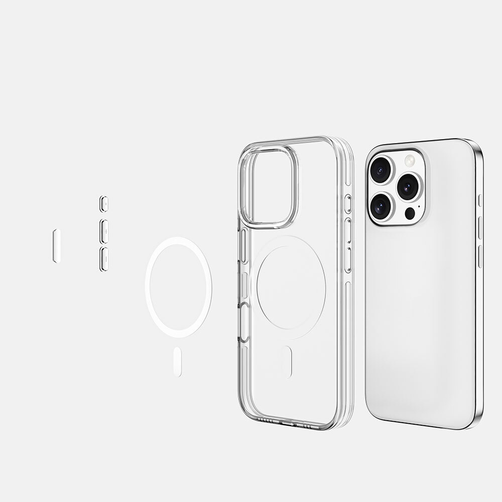 Üç kameralı beyaz bir telefonun yanında şeffaf telefon kılıfı.