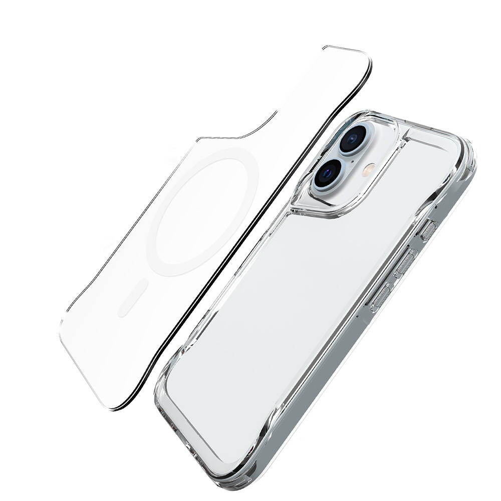MagSafe manyetik halkalı, iki kameralı şeffaf telefon kılıfı.