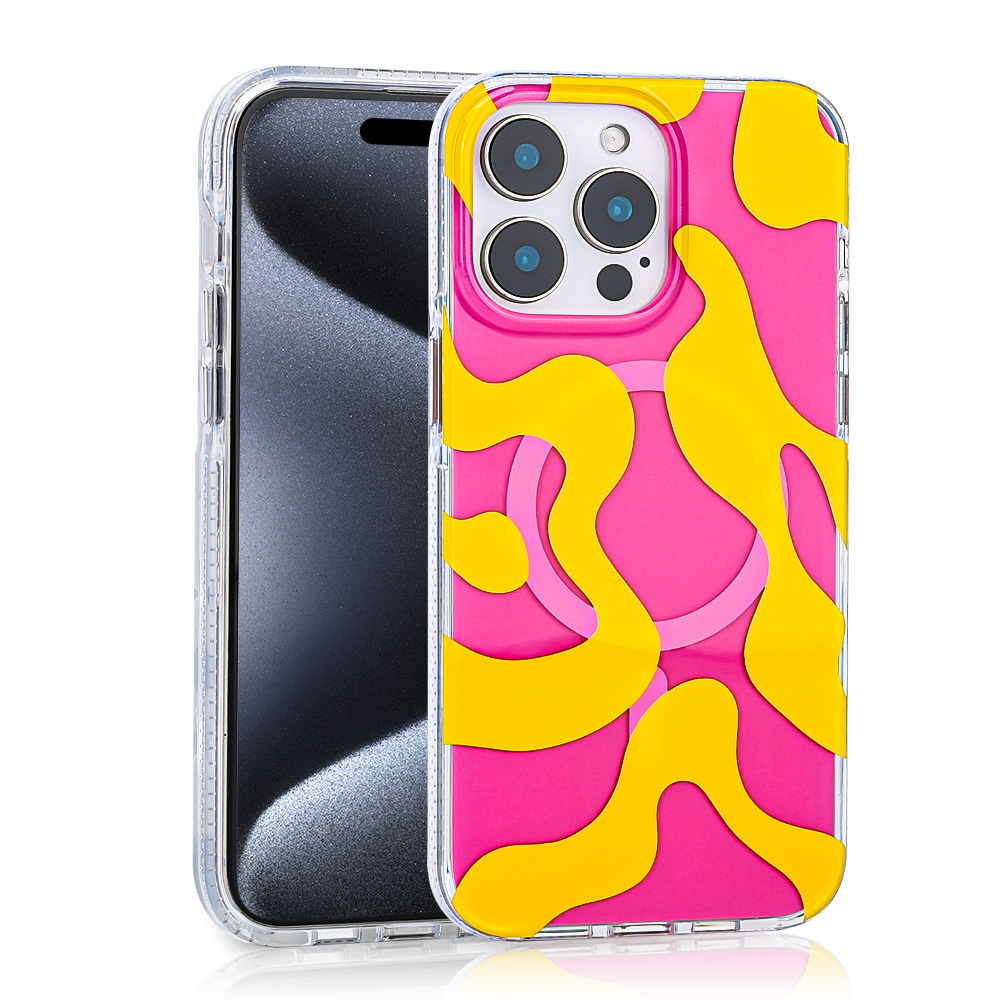 Sarı dalgalı şekillere ve şeffaf kılıfa sahip pembe telefon kılıfı.
