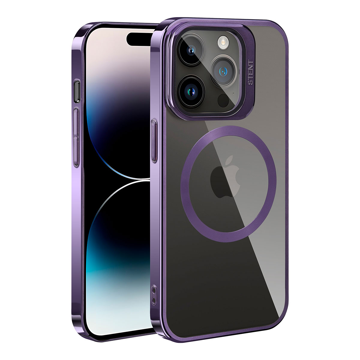 Mor iPhone 14 Pro, mor manyetik halkalı şeffaf kılıfta.
