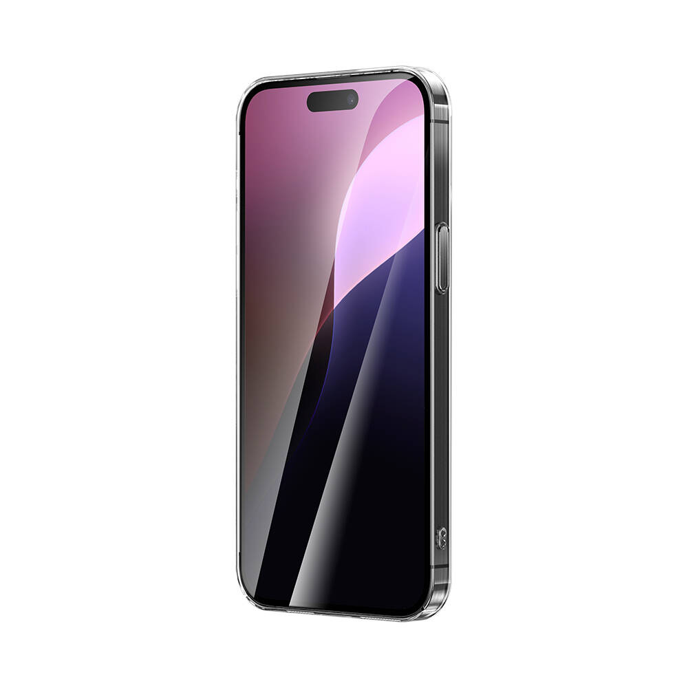 Koyu mor ekranlı şeffaf telefon kılıfı.