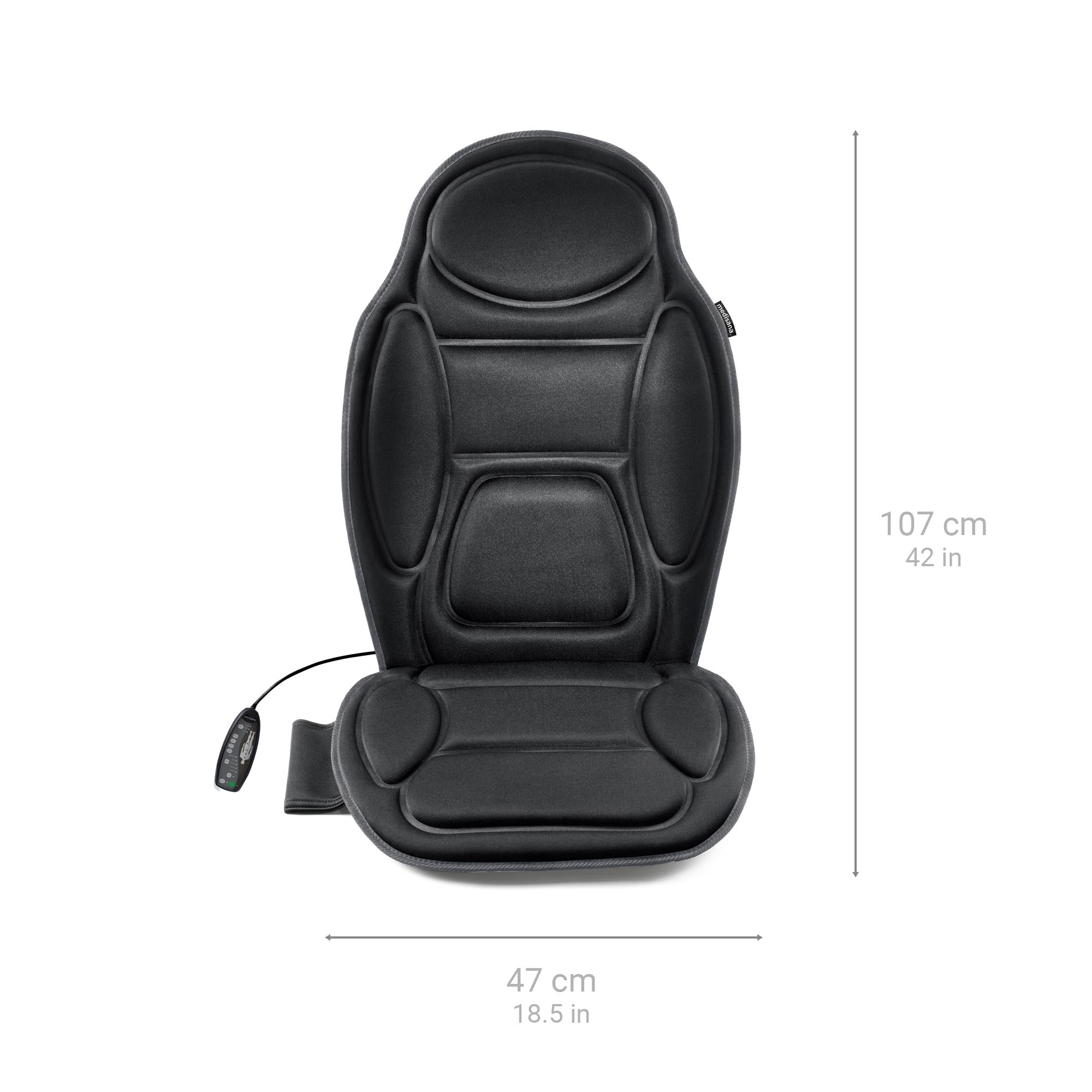 Black massage seat cushion with remote control and dimensions (107cm H x 47cm W).