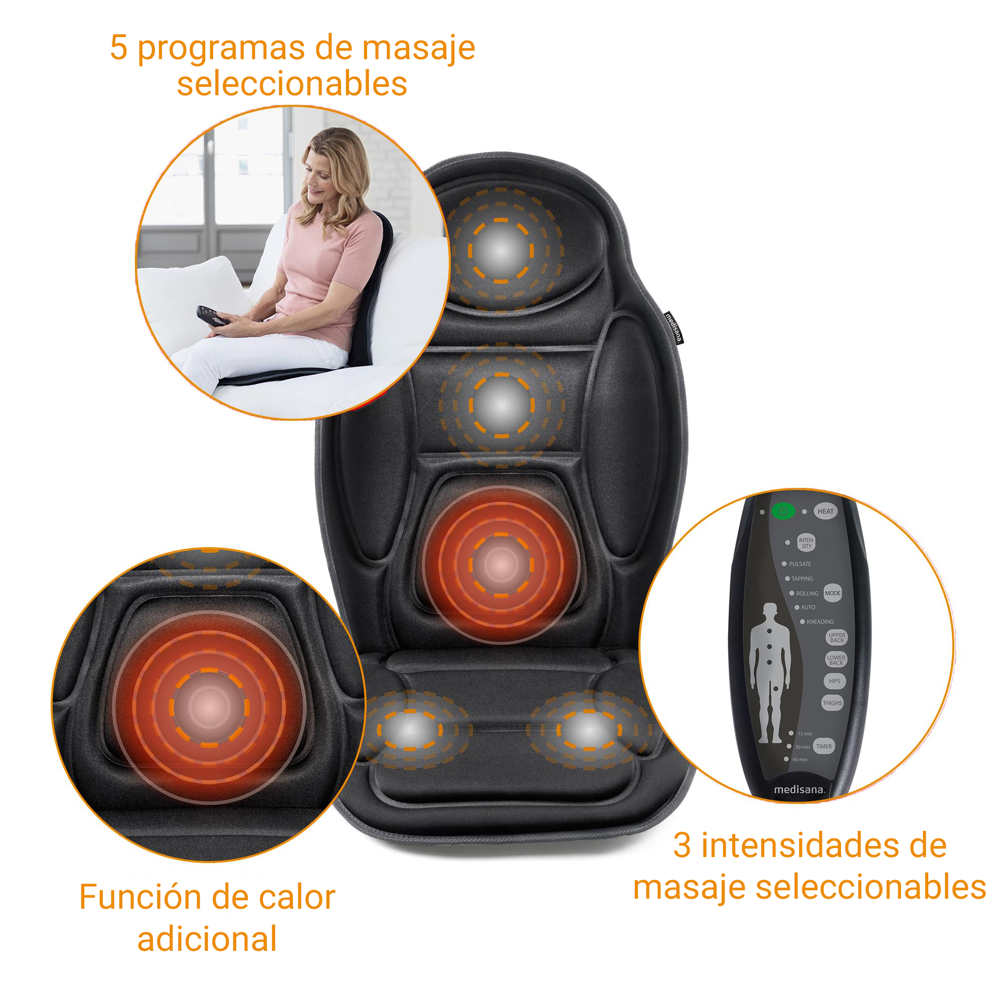Massage seat cushion with remote control and heat function.