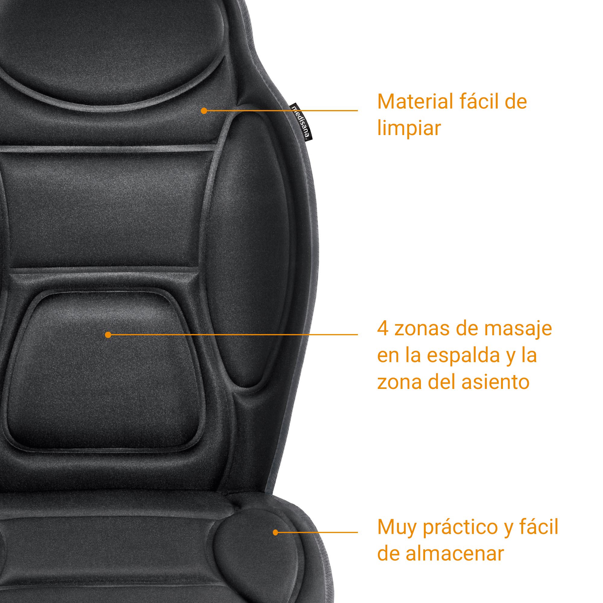 Black massage cushion with 4 massage zones and storage feature.