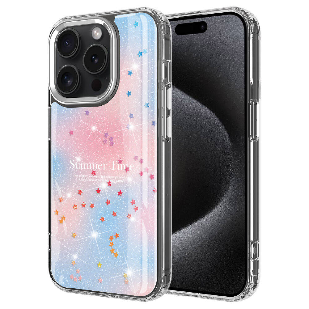 Yaz temalı ve yıldızlı pembe-mavi arka planlı iPhone kılıfı.