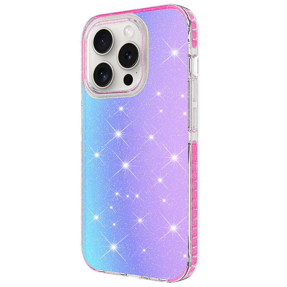 Pırıltılı degrade telefon kılıfı, mavi-mor arası, pembe kenarlı.