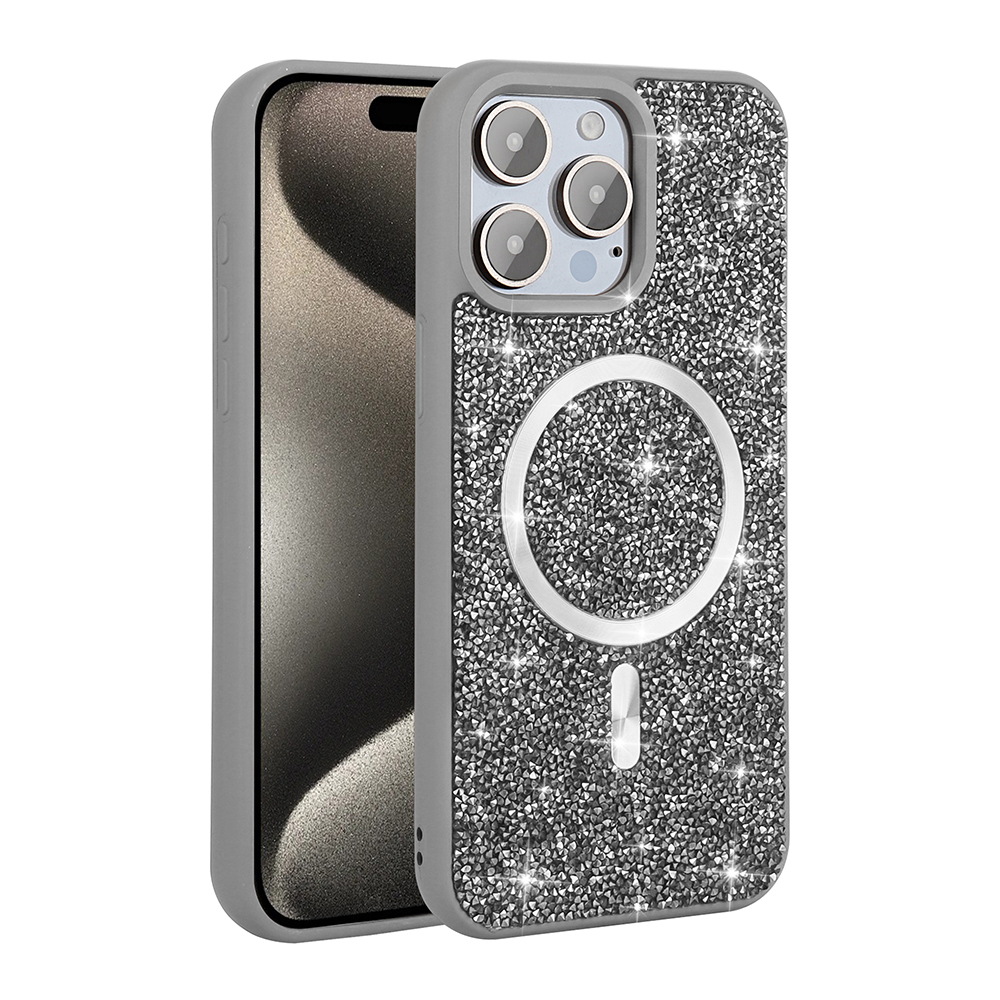 Akıllı telefonda simli ve MagSafe halkalı gri telefon kılıfı.