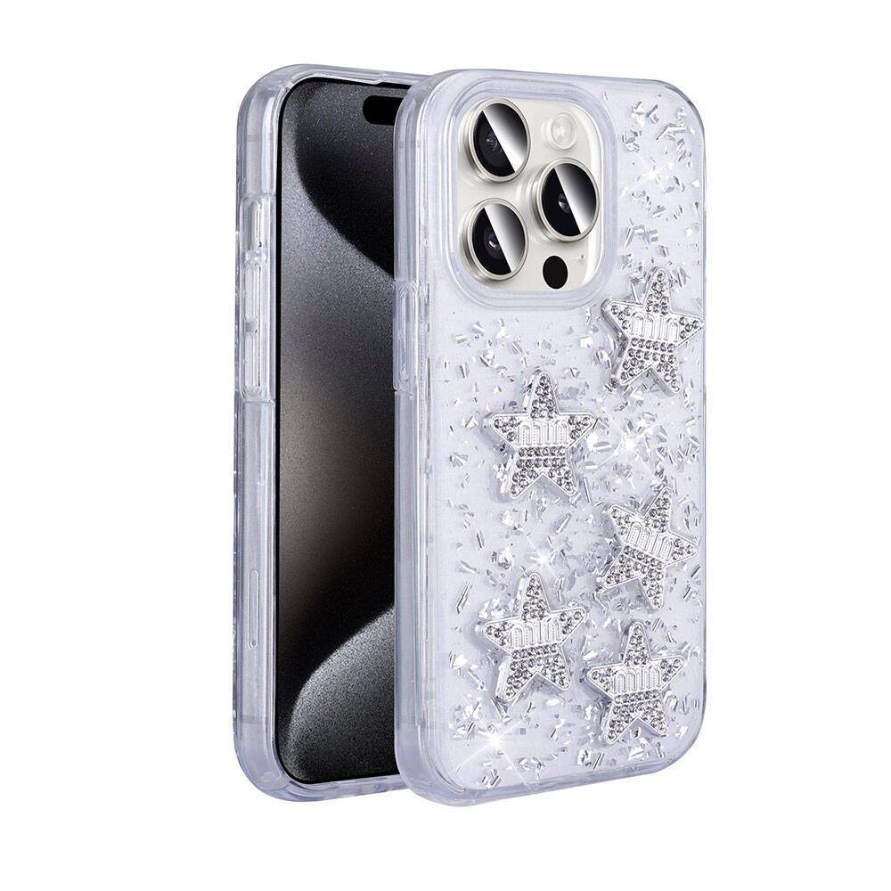 Gümüş yıldızlar ve sim parçacıklarıyla süslenmiş şeffaf iPhone kılıfı.