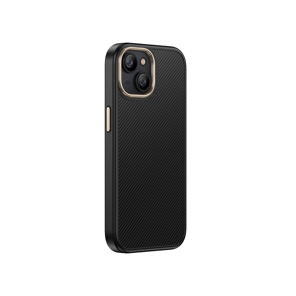 Karbon fiber desenli, kamera oyuntulu siyah telefon kılıfı.