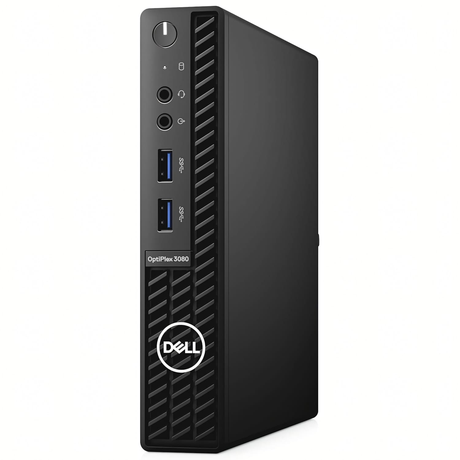 Un ordenador de sobremesa Dell OptiPlex 3080 negro con puertos USB y tomas de audio.
