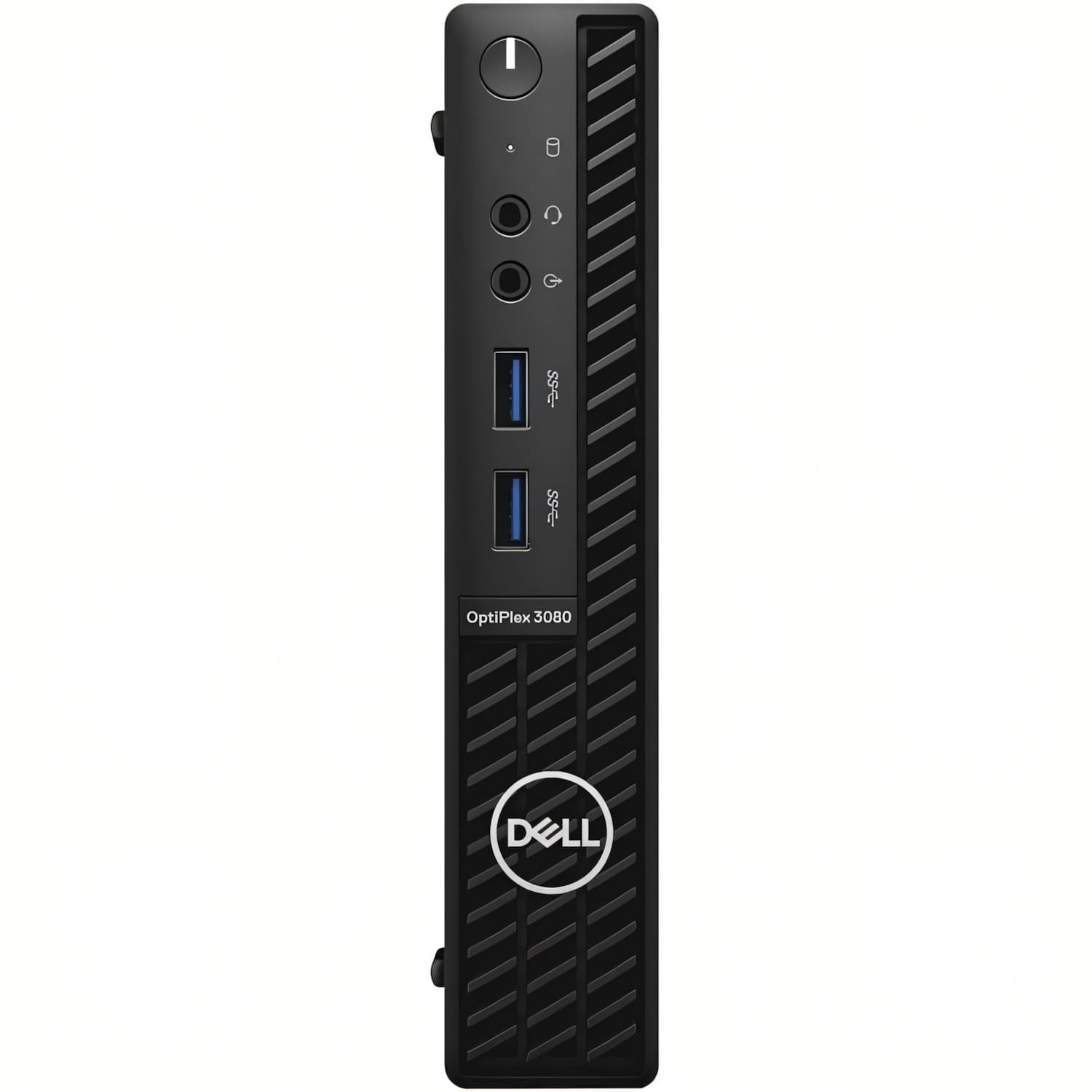 Vista frontal de un mini PC Dell OptiPlex 3080 negro con puertos USB y tomas de audio.