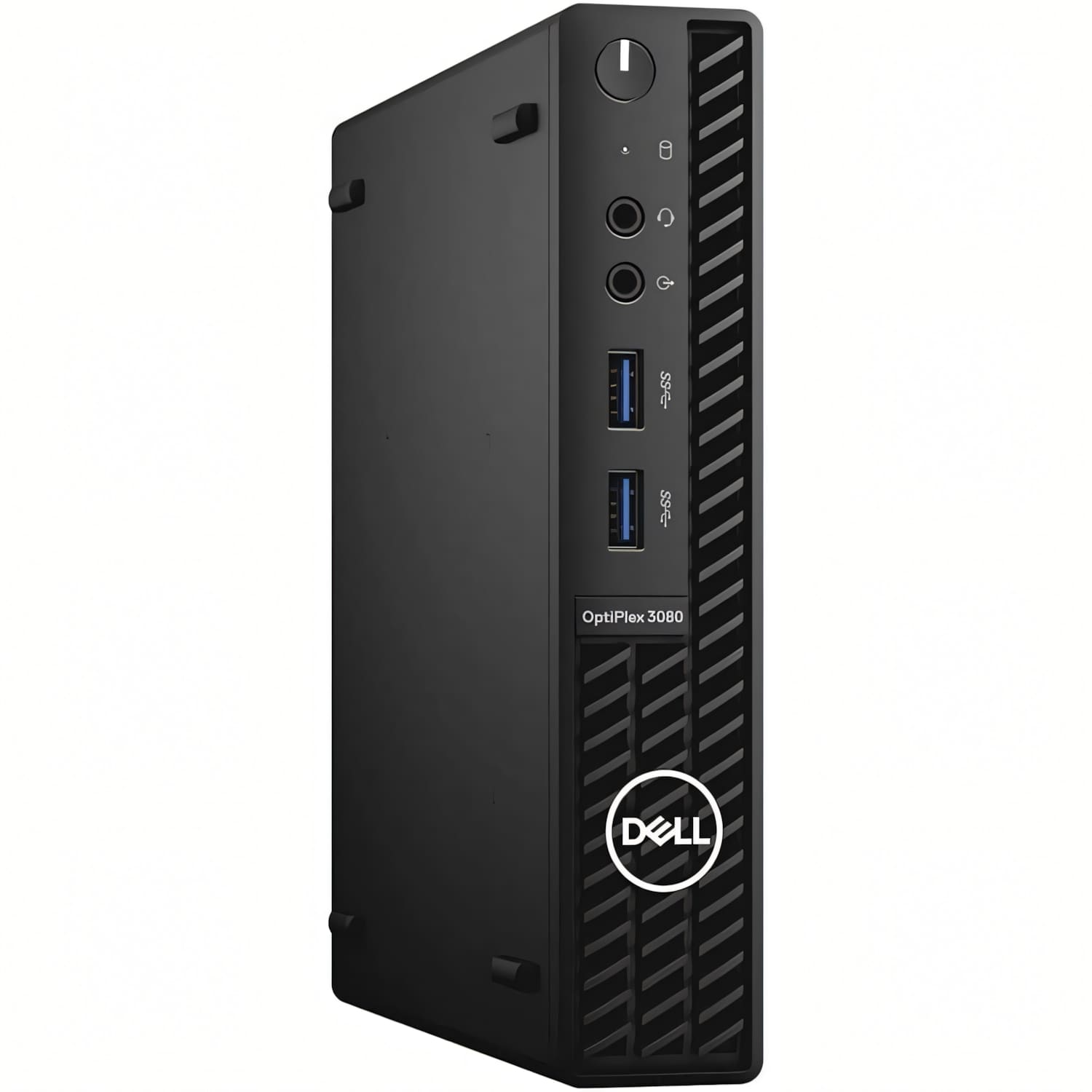 Mini PC Dell OptiPlex 3080 negro con puertos y ranuras de ventilación.